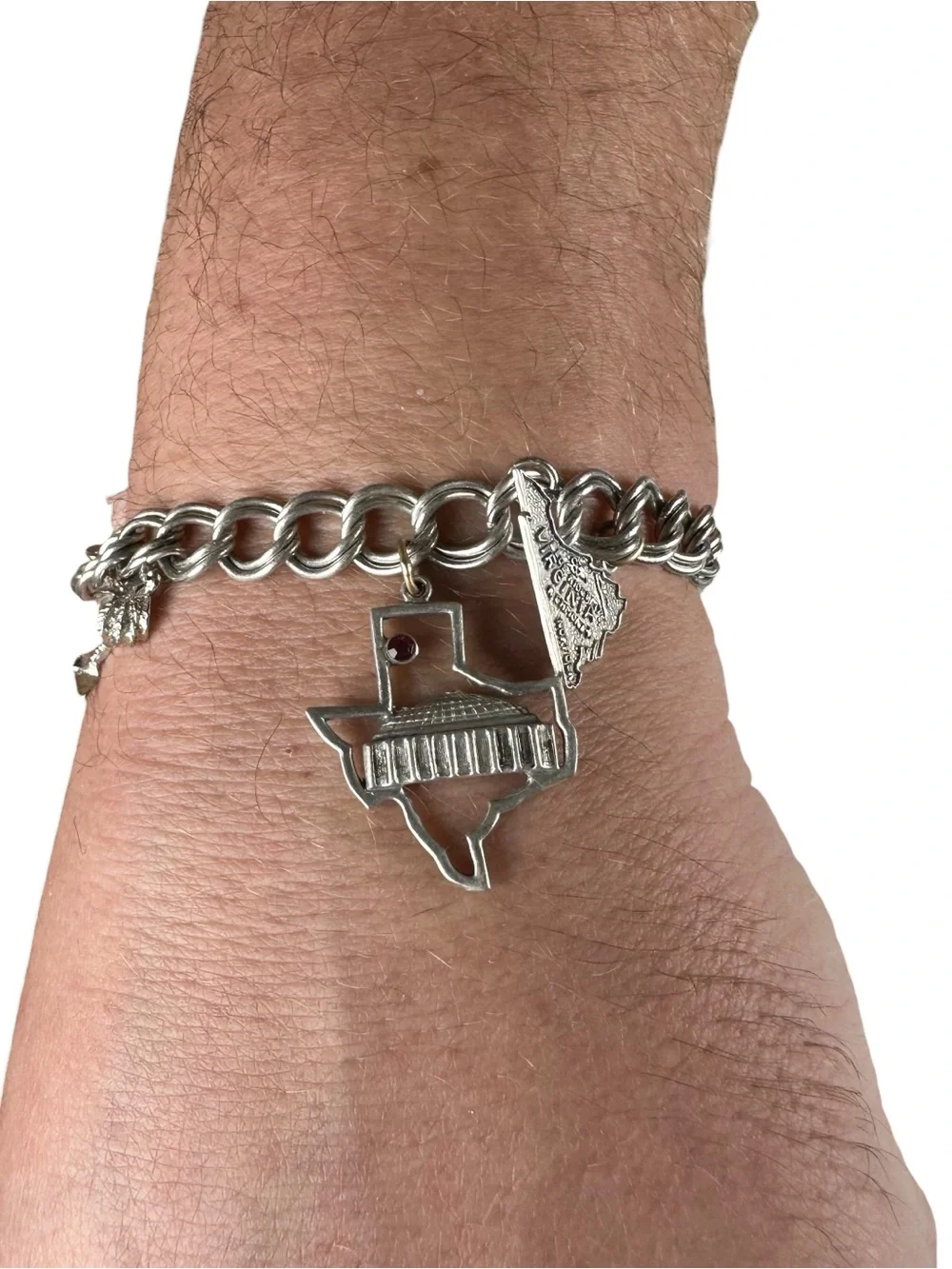 Vtg 925 Sterling Double Link Charm Bracelet 7” Texas Virginia Marlin Palm 20.01g
